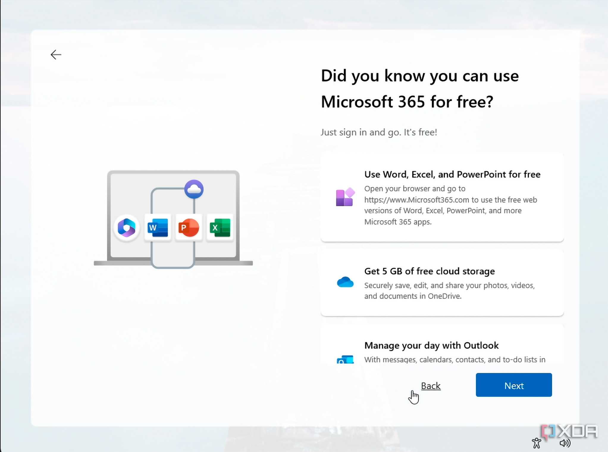 A screen shown during Windows 11 setup after refusing both Microsoft 365 offers, letting the user know some features are available for free