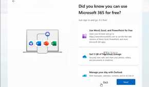 A screen shown during Windows 11 setup after refusing both Microsoft 365 offers, letting the user know some features are available for free