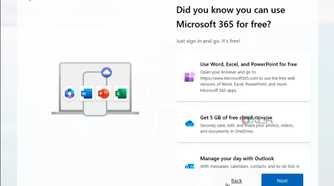 A screen shown during Windows 11 setup after refusing both Microsoft 365 offers, letting the user know some features are available for free