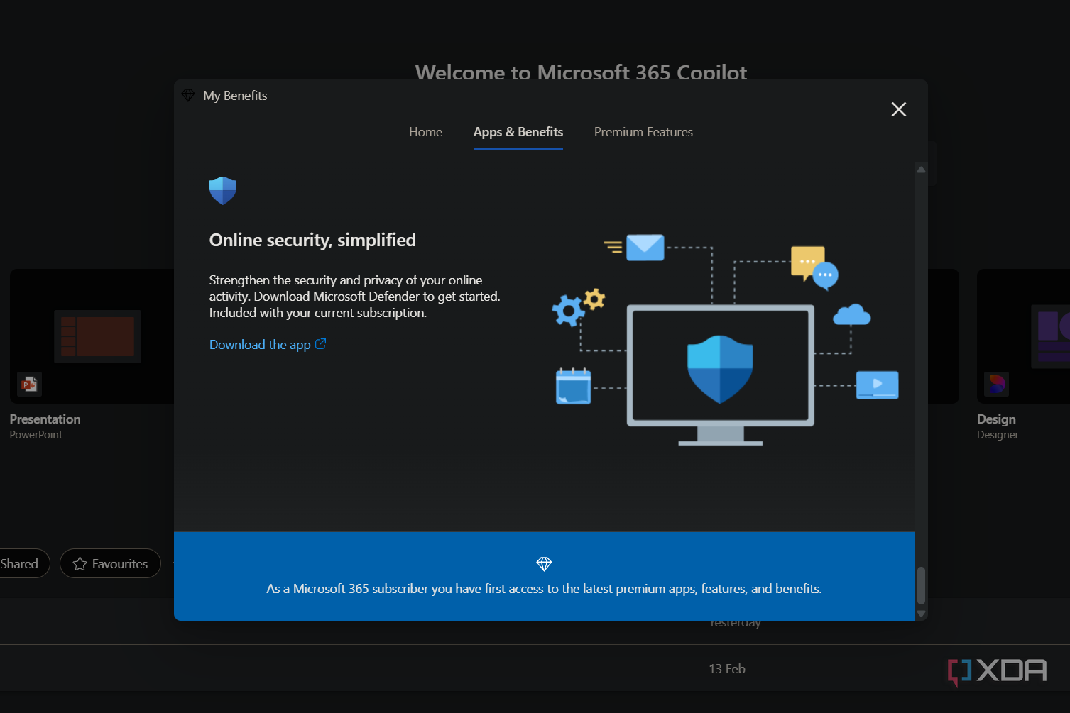 an apps and benefits window for microsoft 365
