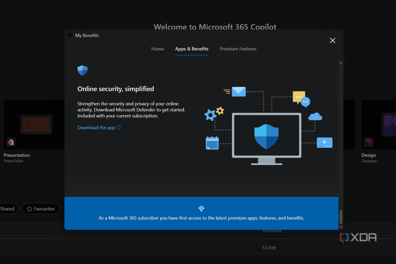 an apps and benefits window for microsoft 365