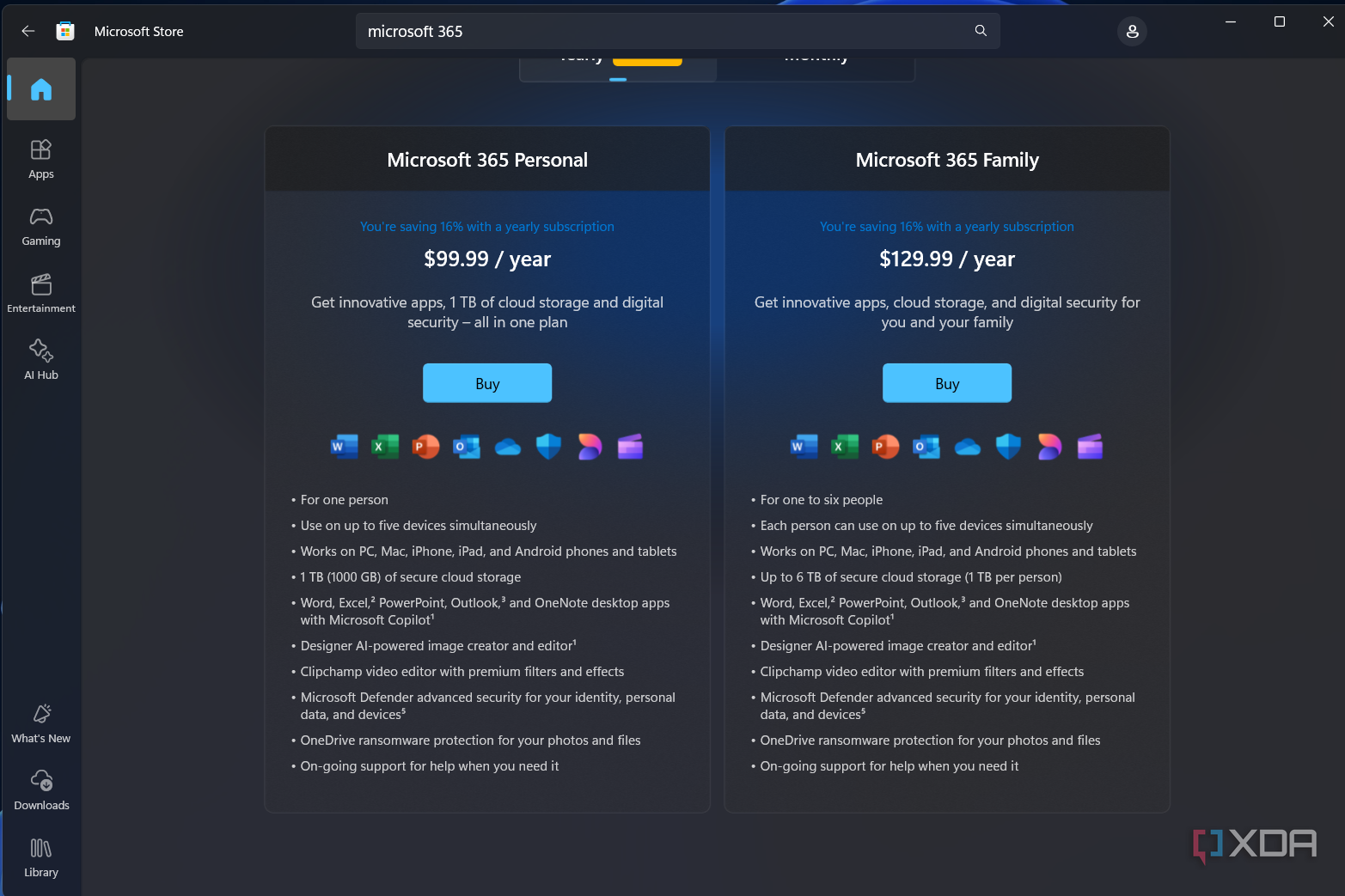 two boxes comparing the microsoft 365 personal and family plans