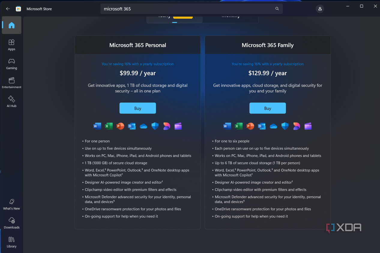 two boxes comparing the microsoft 365 personal and family plans