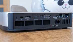 Close-up of the ports and buttons on the rear of the Minisforum AI X1 Pro