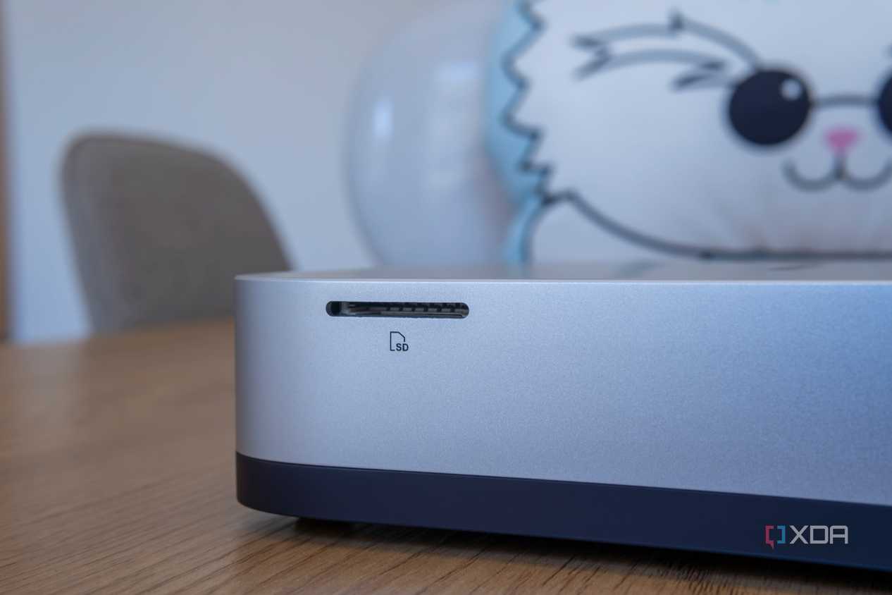 Close-up of the SD card slot on the side of the Minisforum AI X1 Pro