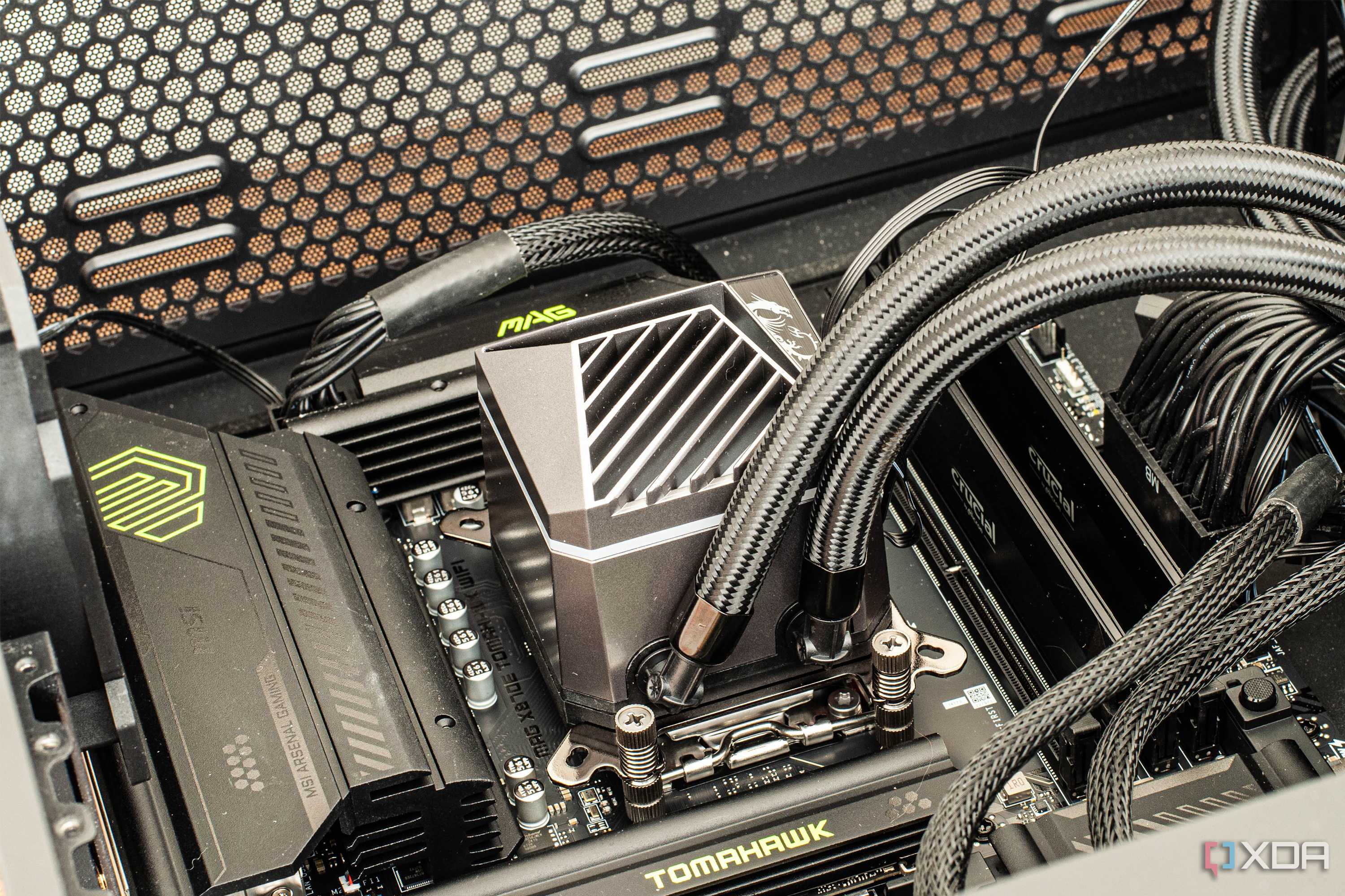 A cpu cooler pump block installed