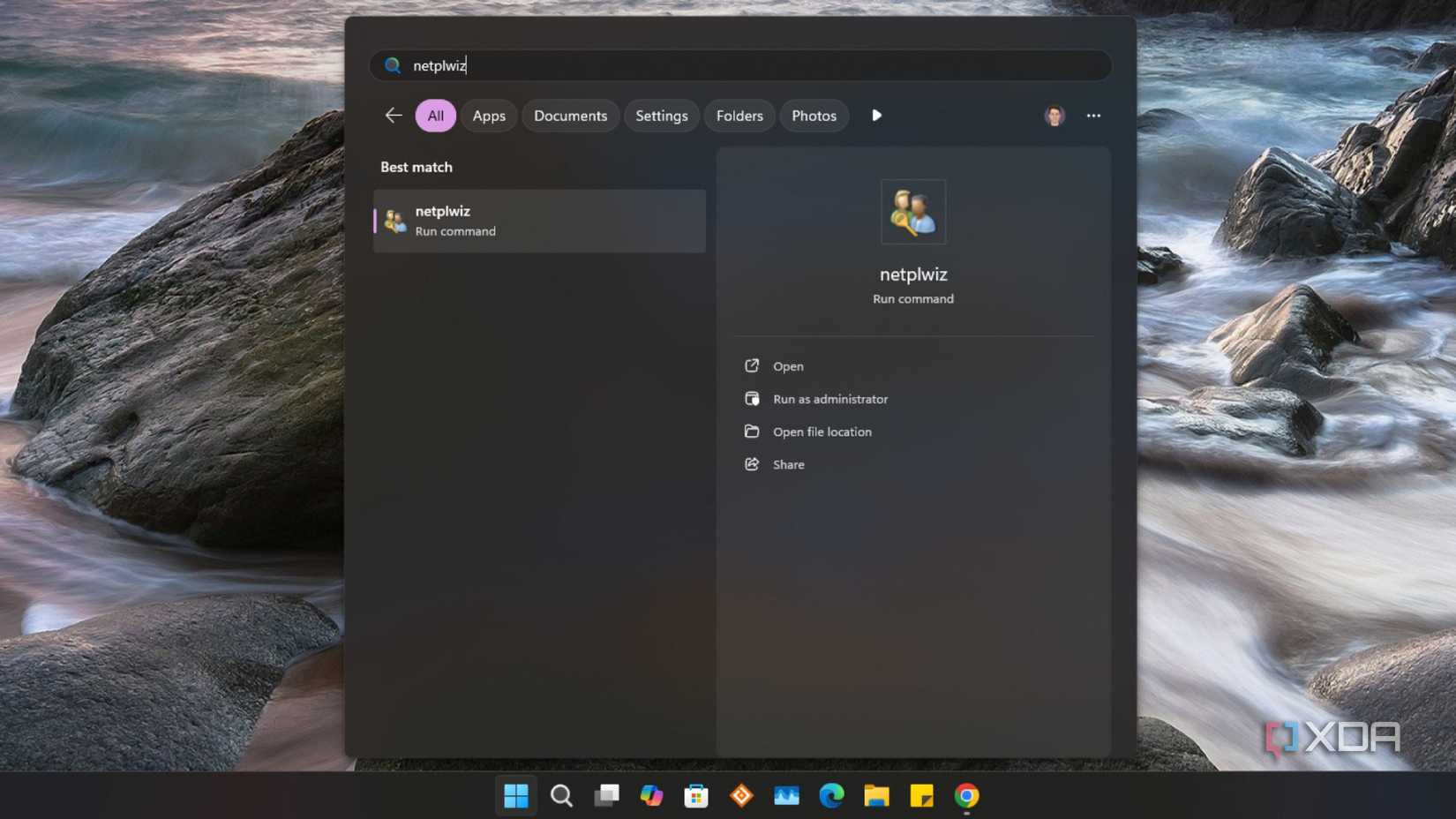 screenshot of w11 start menu with netplwiz app shown