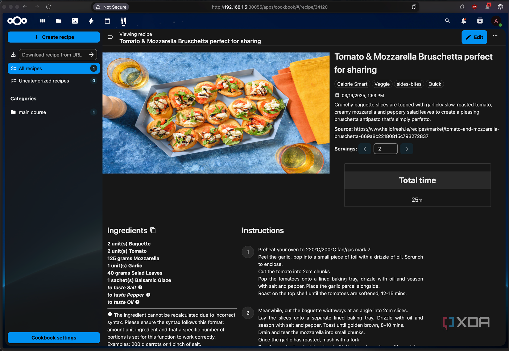 Nextcloud Cookbook, showing a Tomato & Mozzarella Bruschetta 