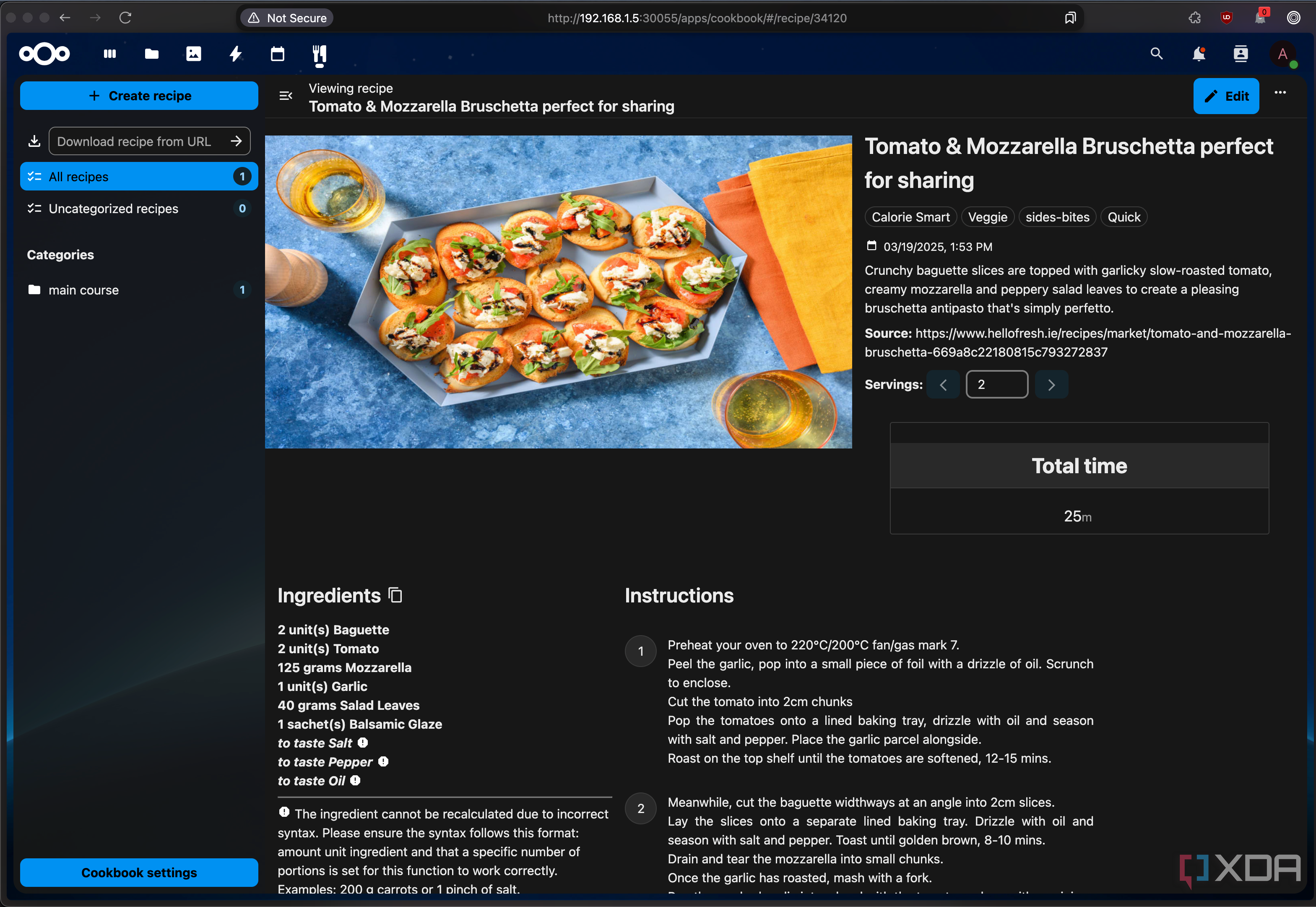 Nextcloud Cookbook, showing a Tomato & Mozzarella Bruschetta