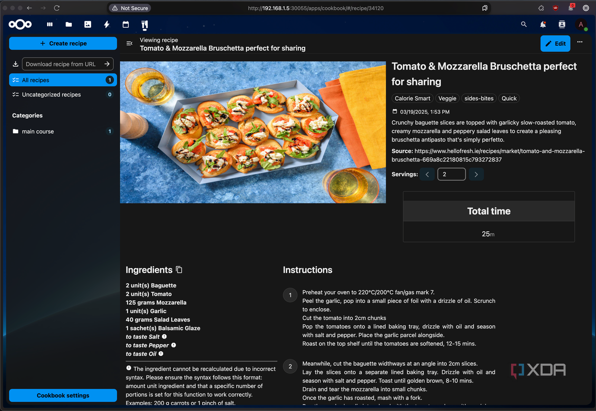 Nextcloud Cookbook, showing a Tomato & Mozzarella Bruschetta