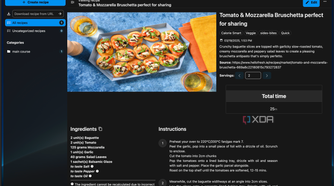 Nextcloud Cookbook, showing a Tomato & Mozzarella Bruschetta