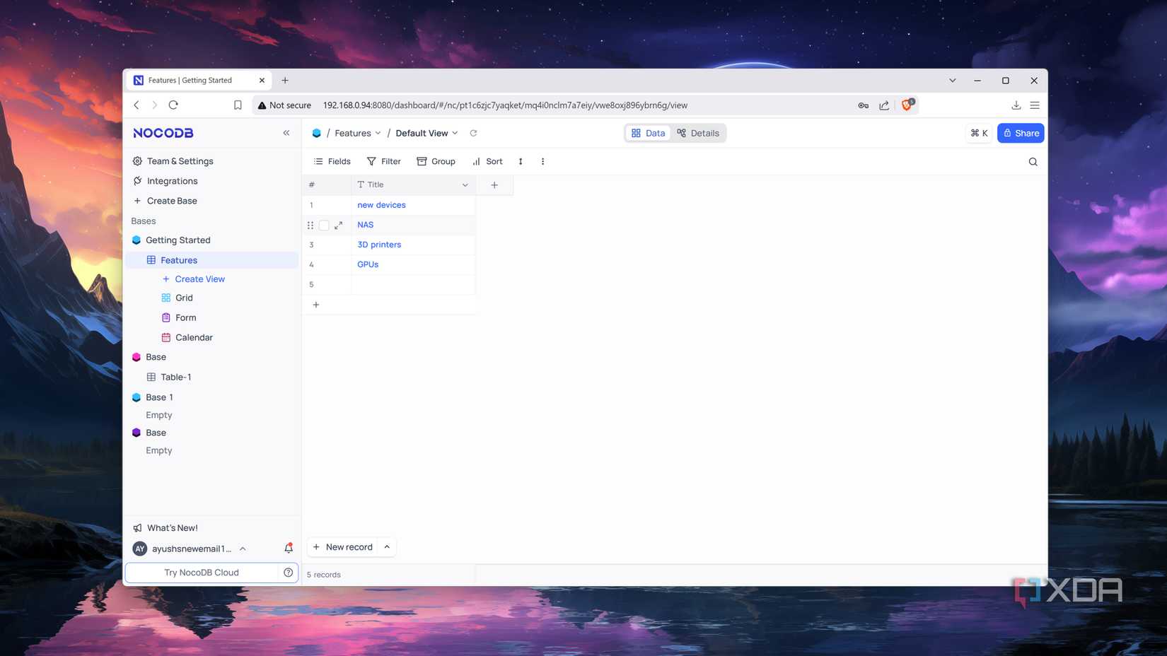 The NocoDB web UI