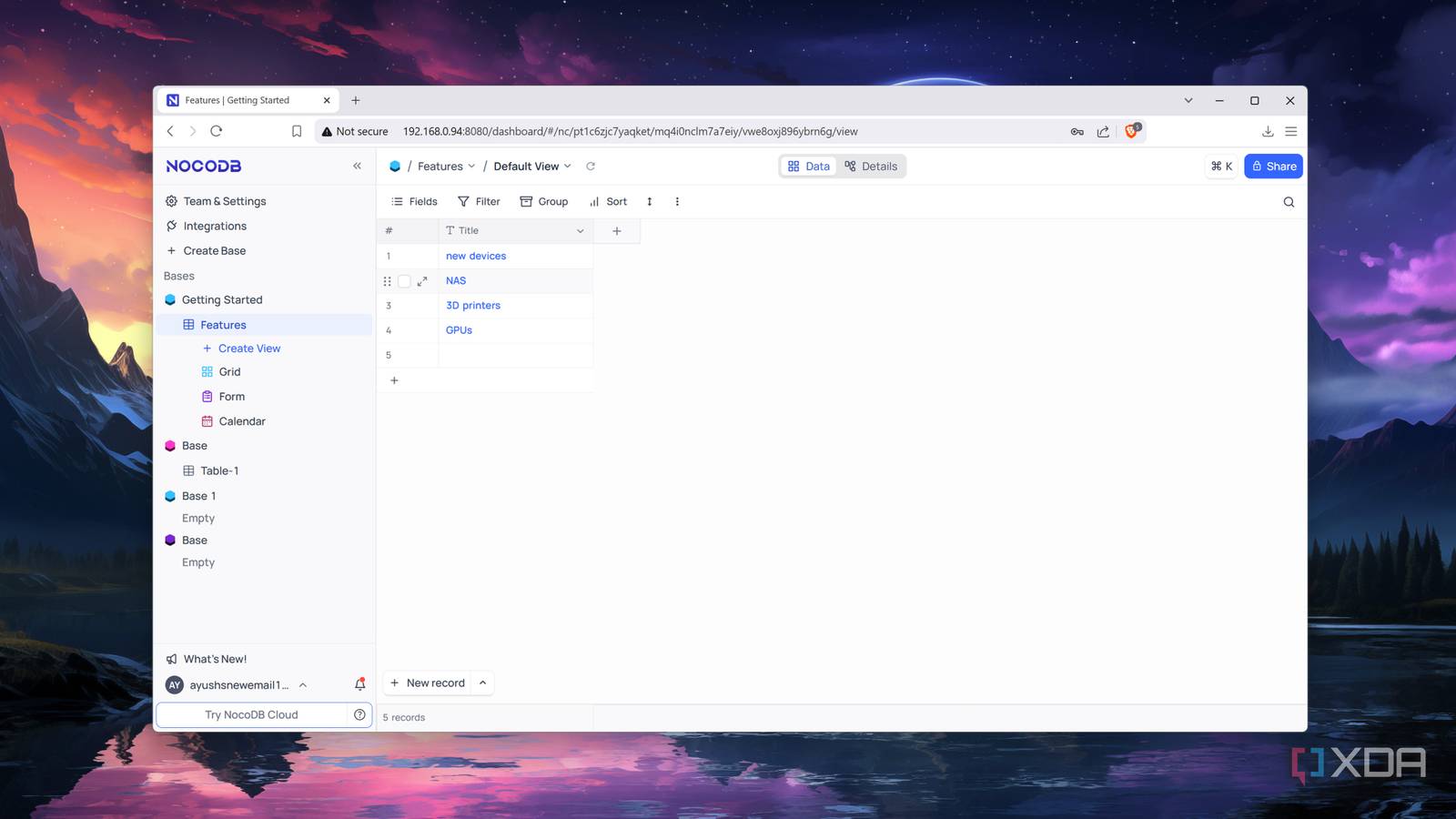 The NocoDB web UI