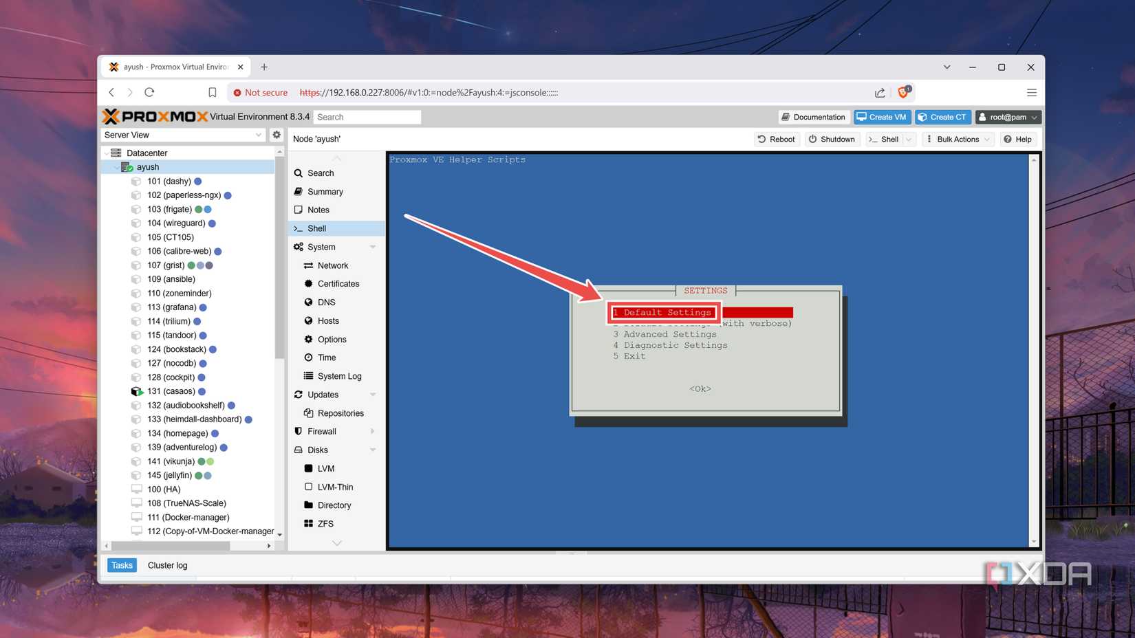 Choosing the default settings for the NocoDB container