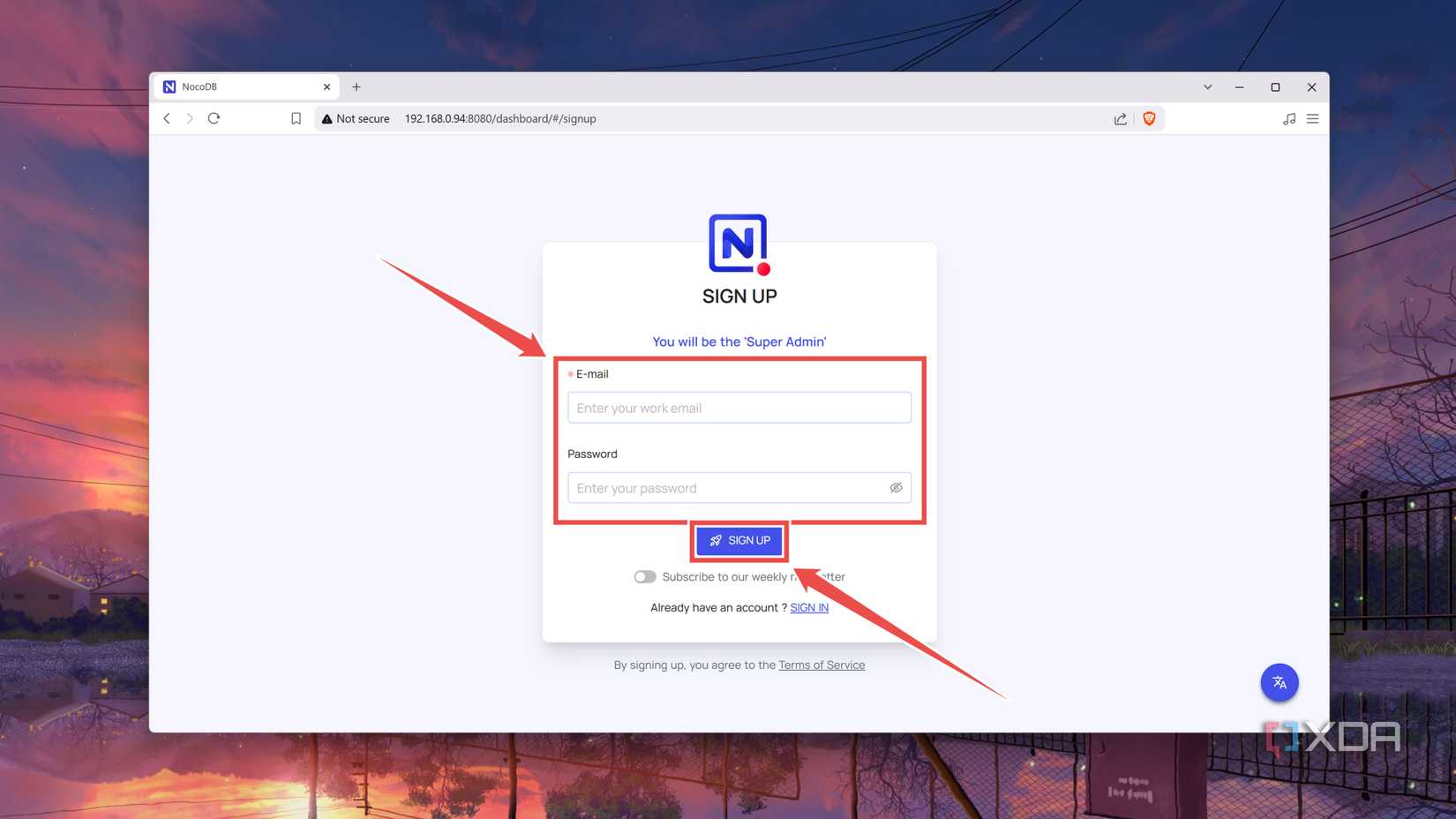 Signing into the NocoDB web UI
