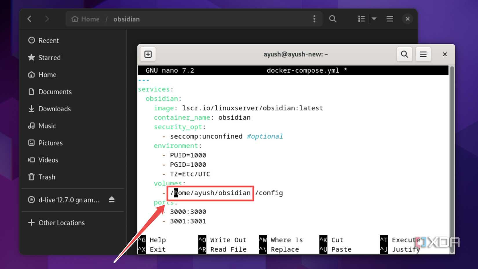Modifying the path variable in the docker-compose.yml file for Obsidian