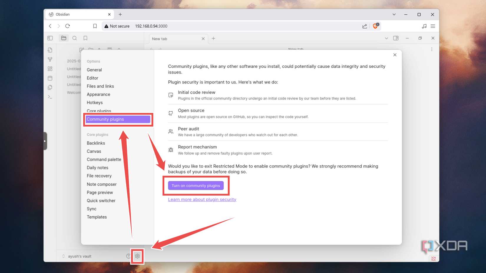 Turning on the Community plugins inside Obsidian