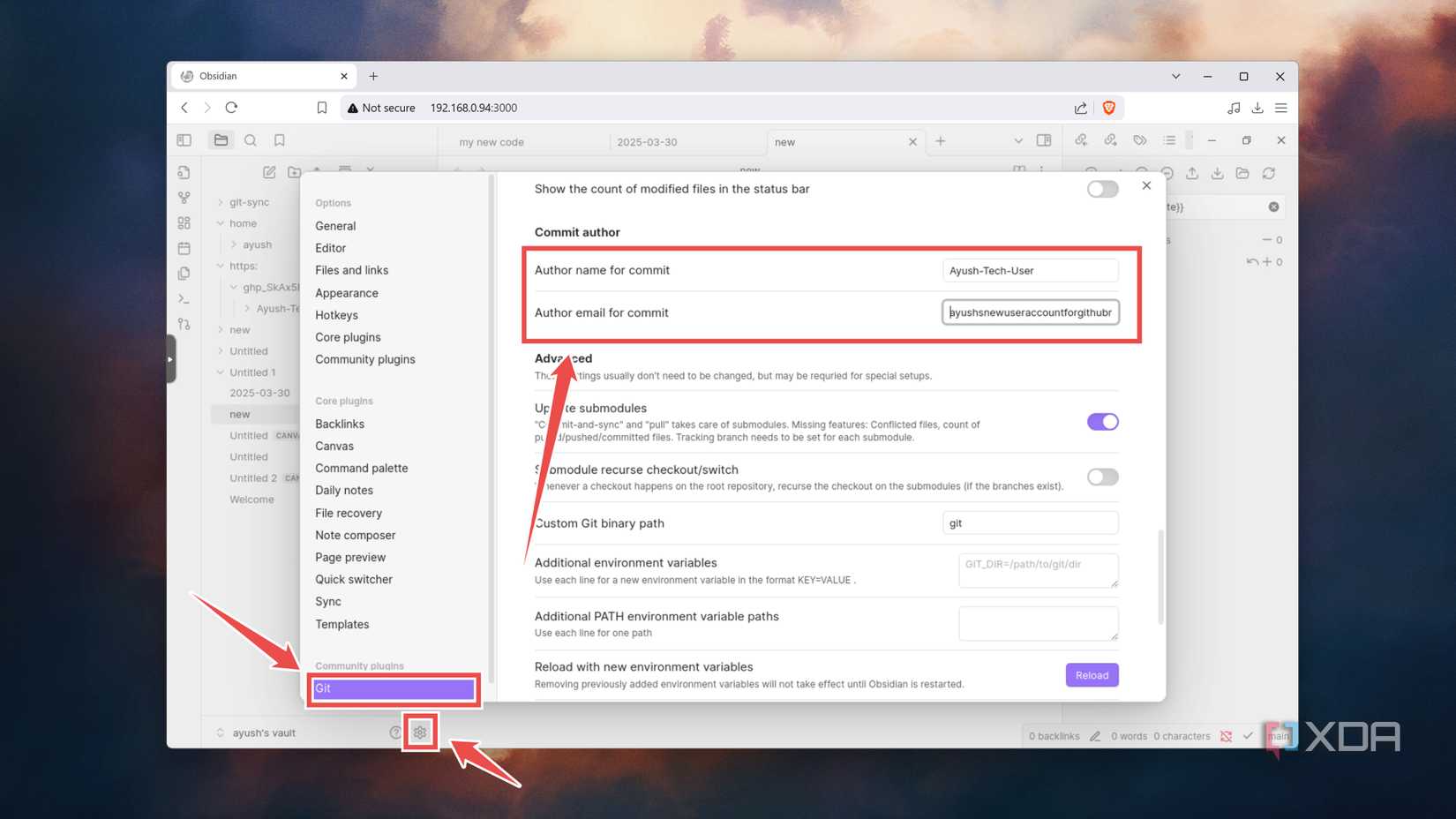 Entering the Author Details in Obsidian