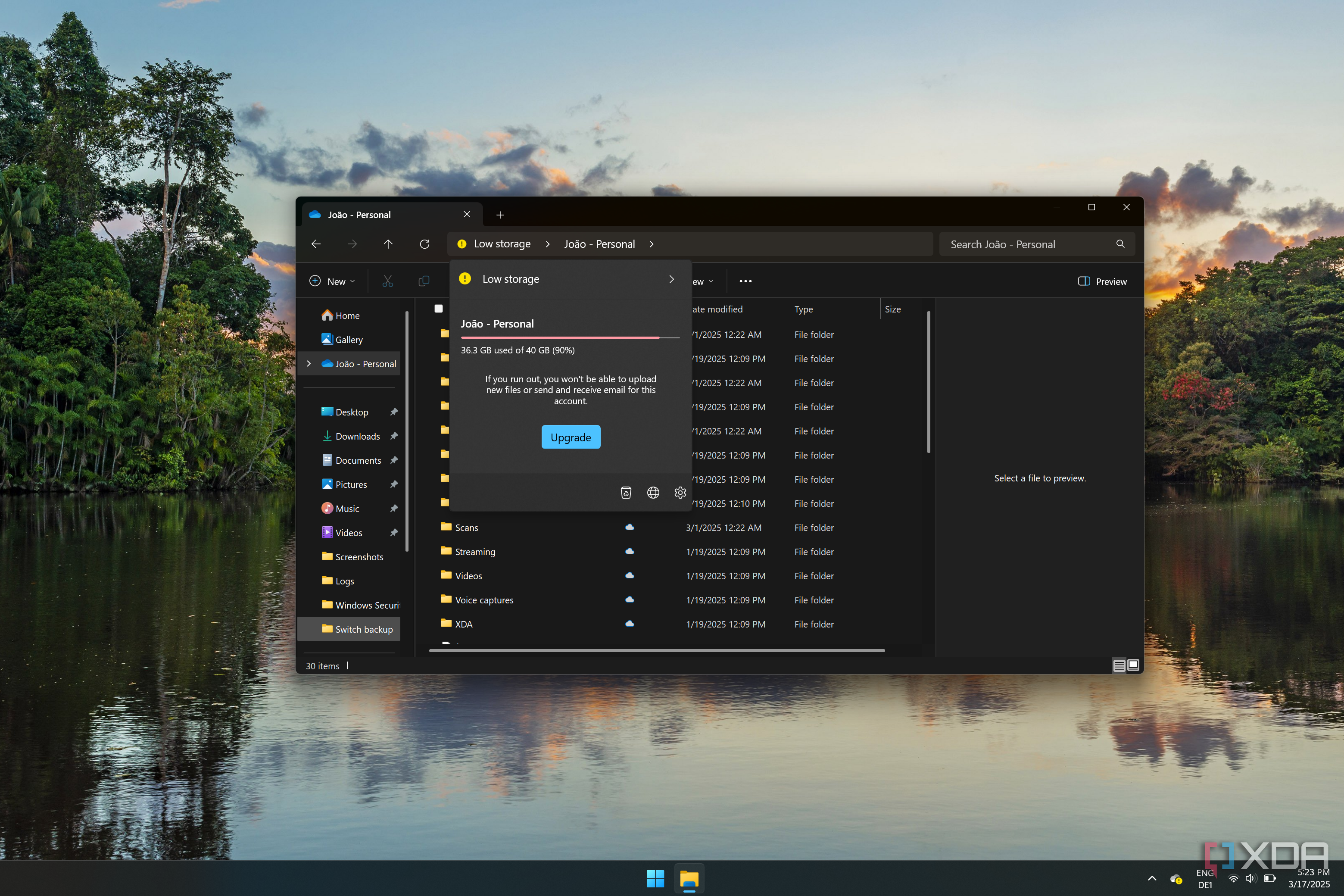 Screenshot of File Explorer on Windows 11 showing the available storage quota