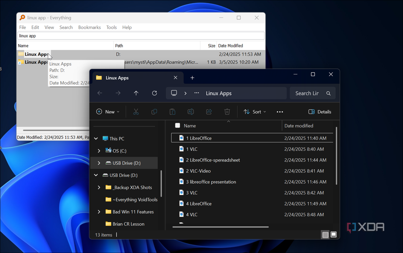 screenshot shows opening folders from Everything app