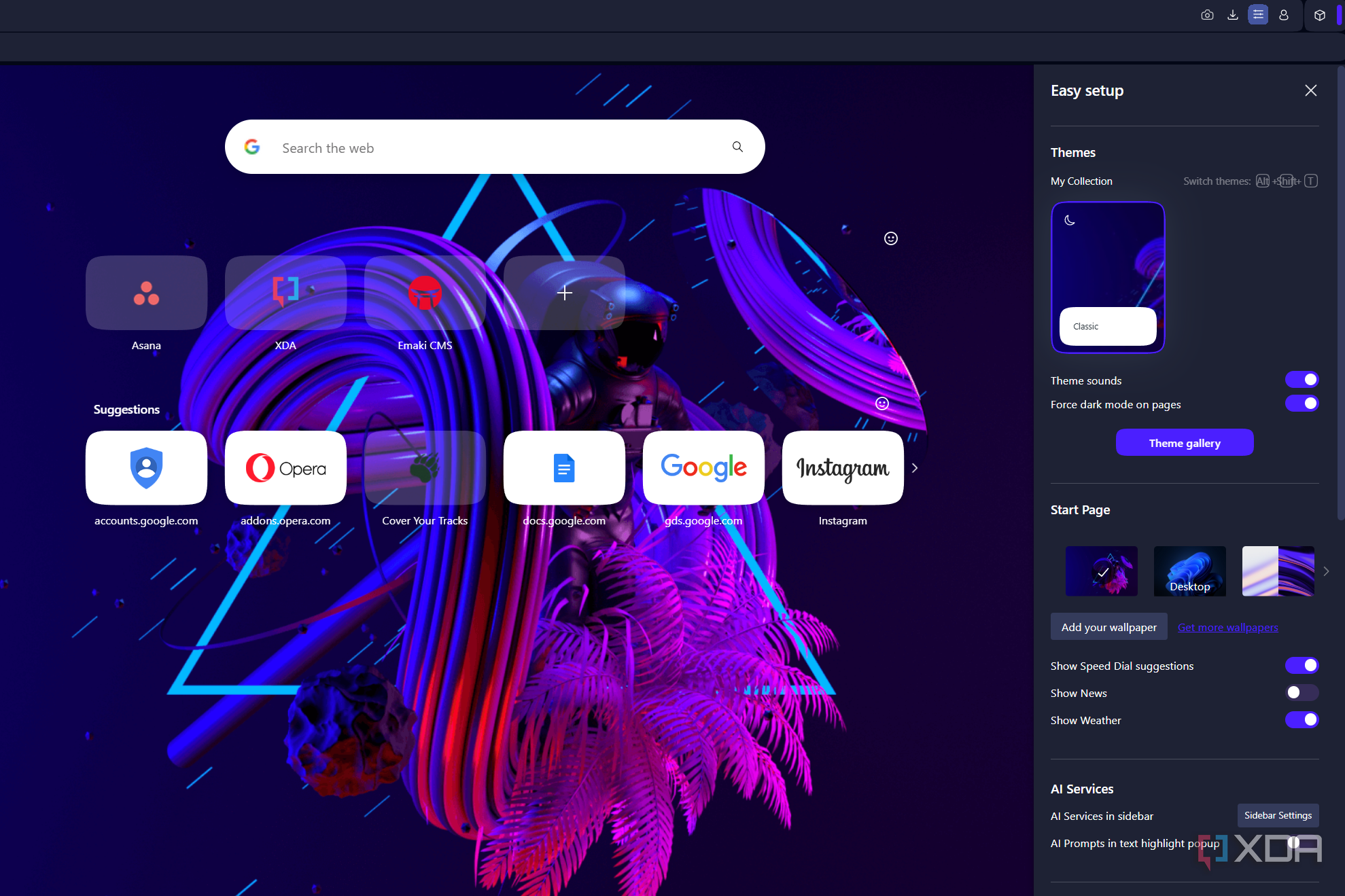 the easy setup feature in opera