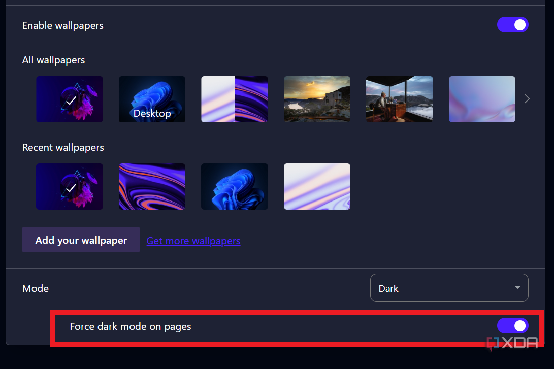 option to force dark mode on opera browser
