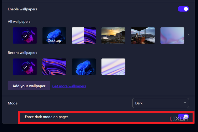 option to force dark mode on opera browser