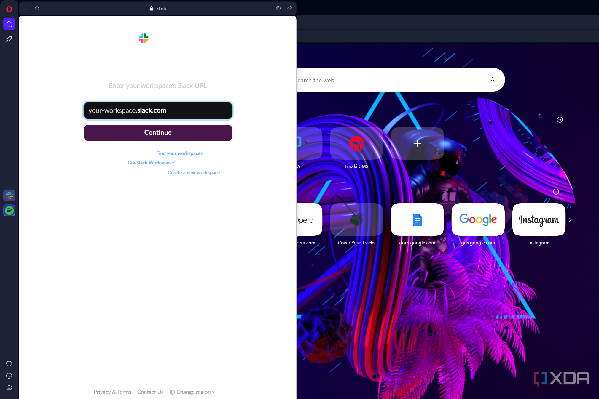 opera with slack in the sidebar