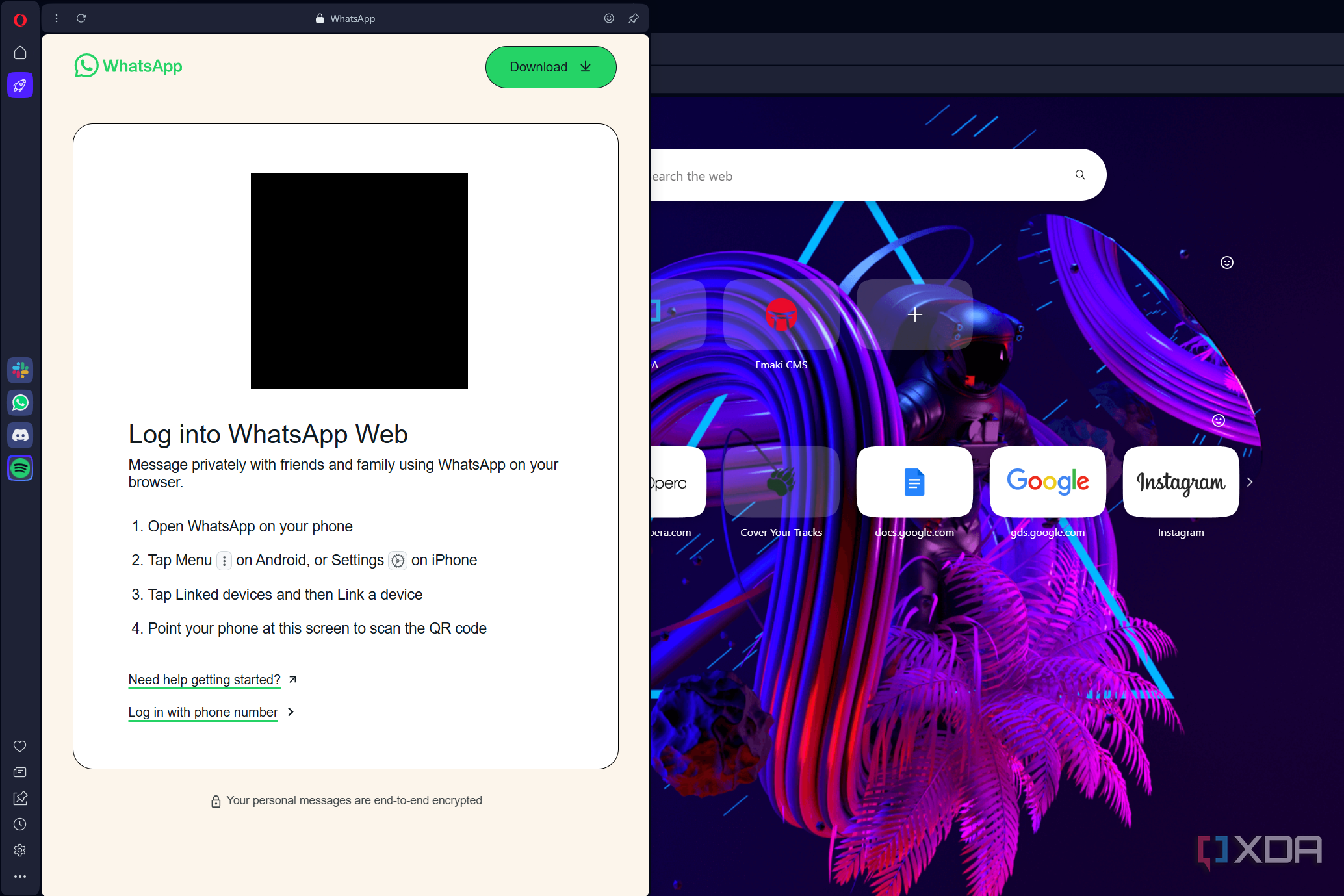 opening whatsapp web in opera sidebar