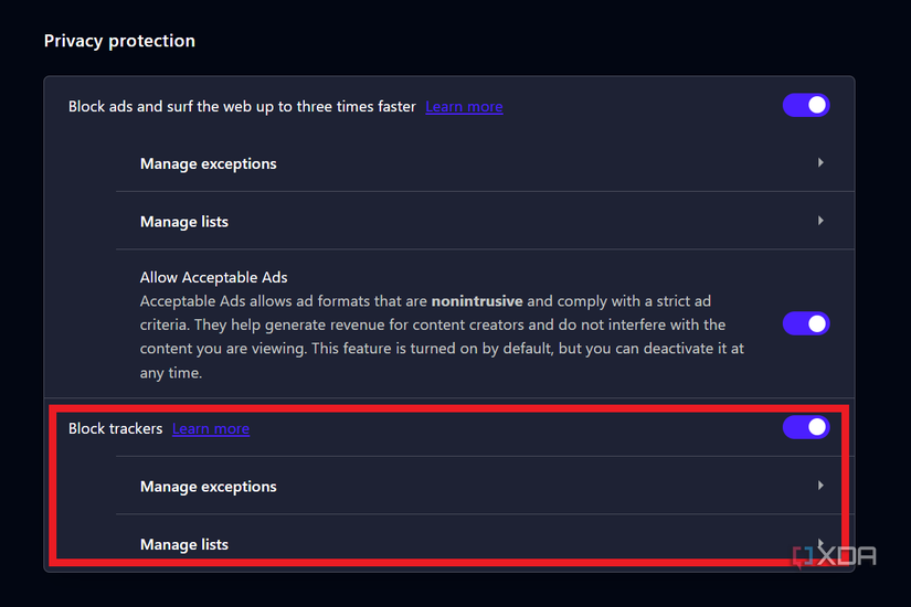 the option to block trackers in opera