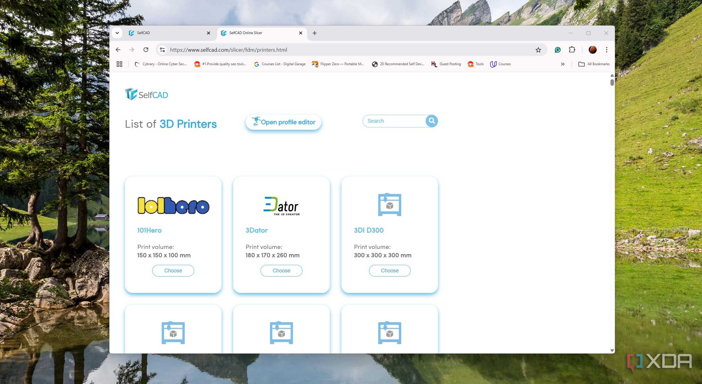 A list of 3D printers in SelfCAD slicer
