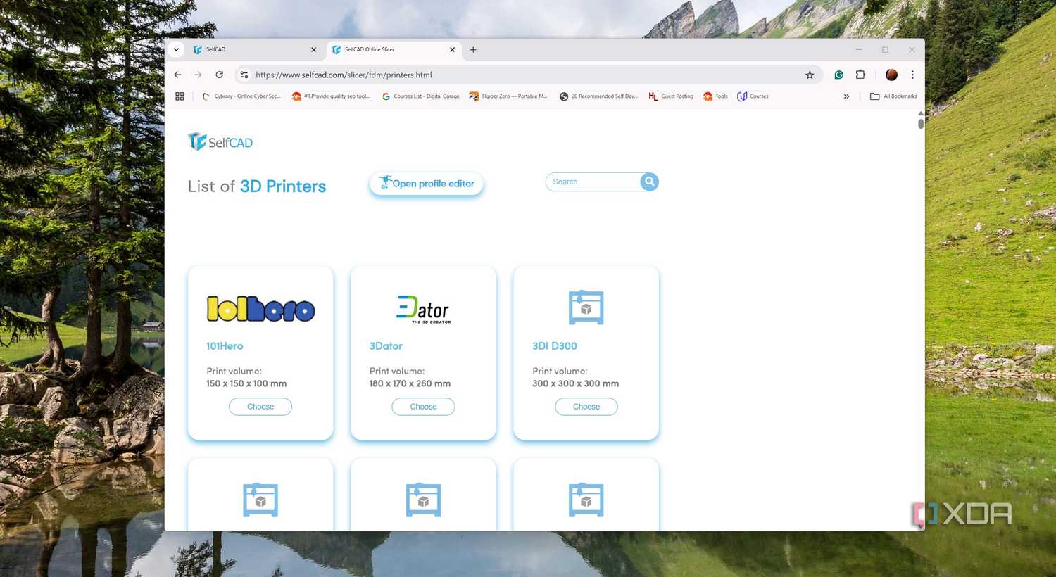 A list of 3D printers in SelfCAD slicer