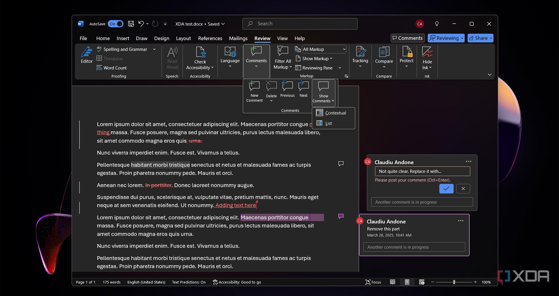Options-to-display-comments-in-Word