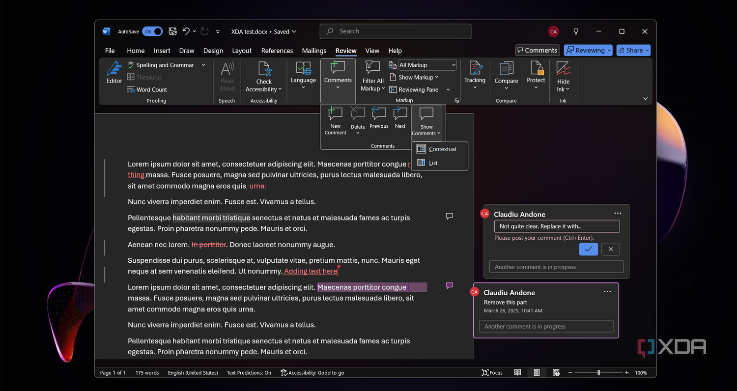 Options-to-display-comments-in-Word
