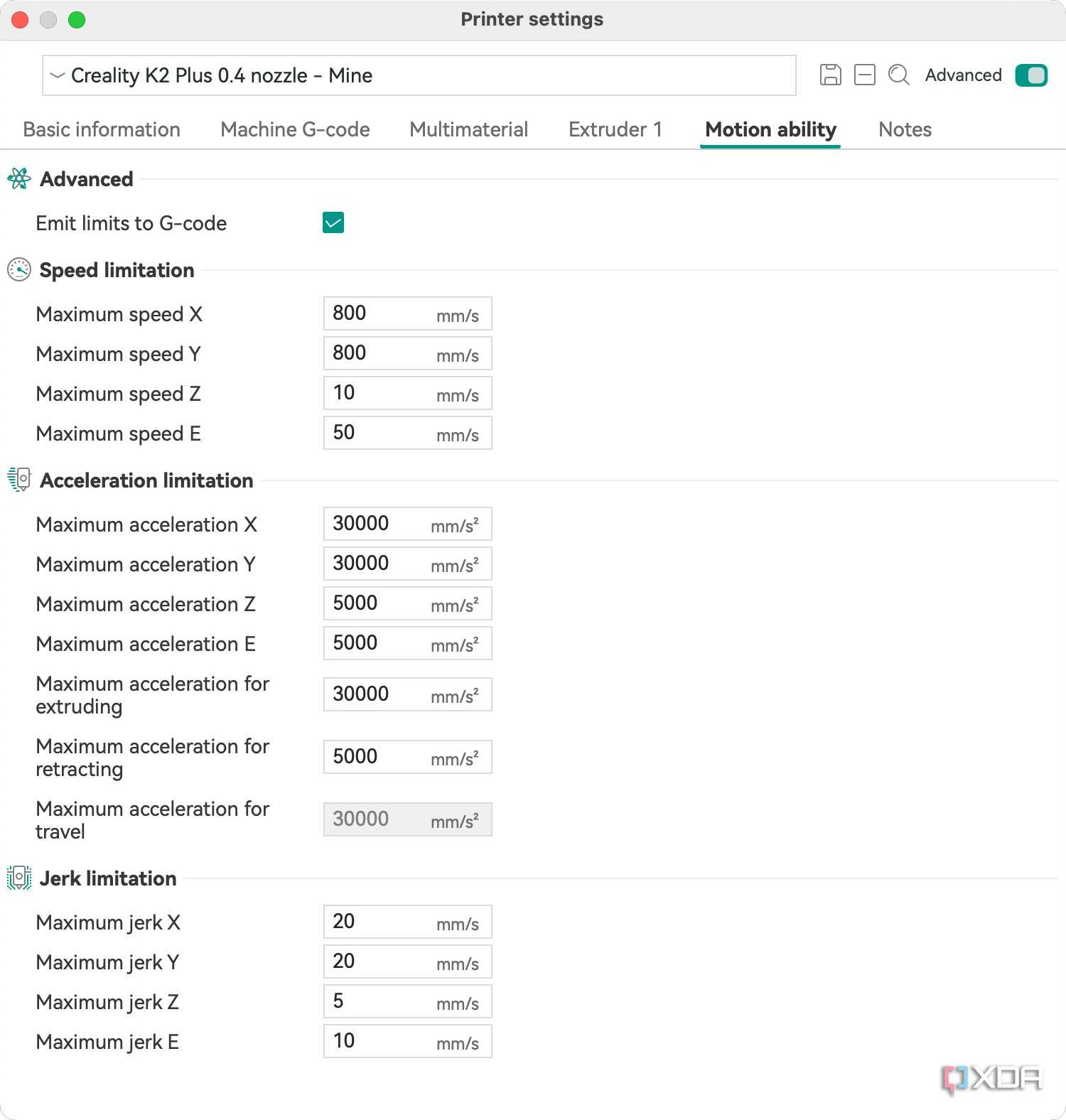 OrcaSlicer motion settings
