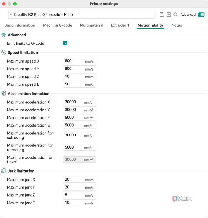OrcaSlicer motion settings