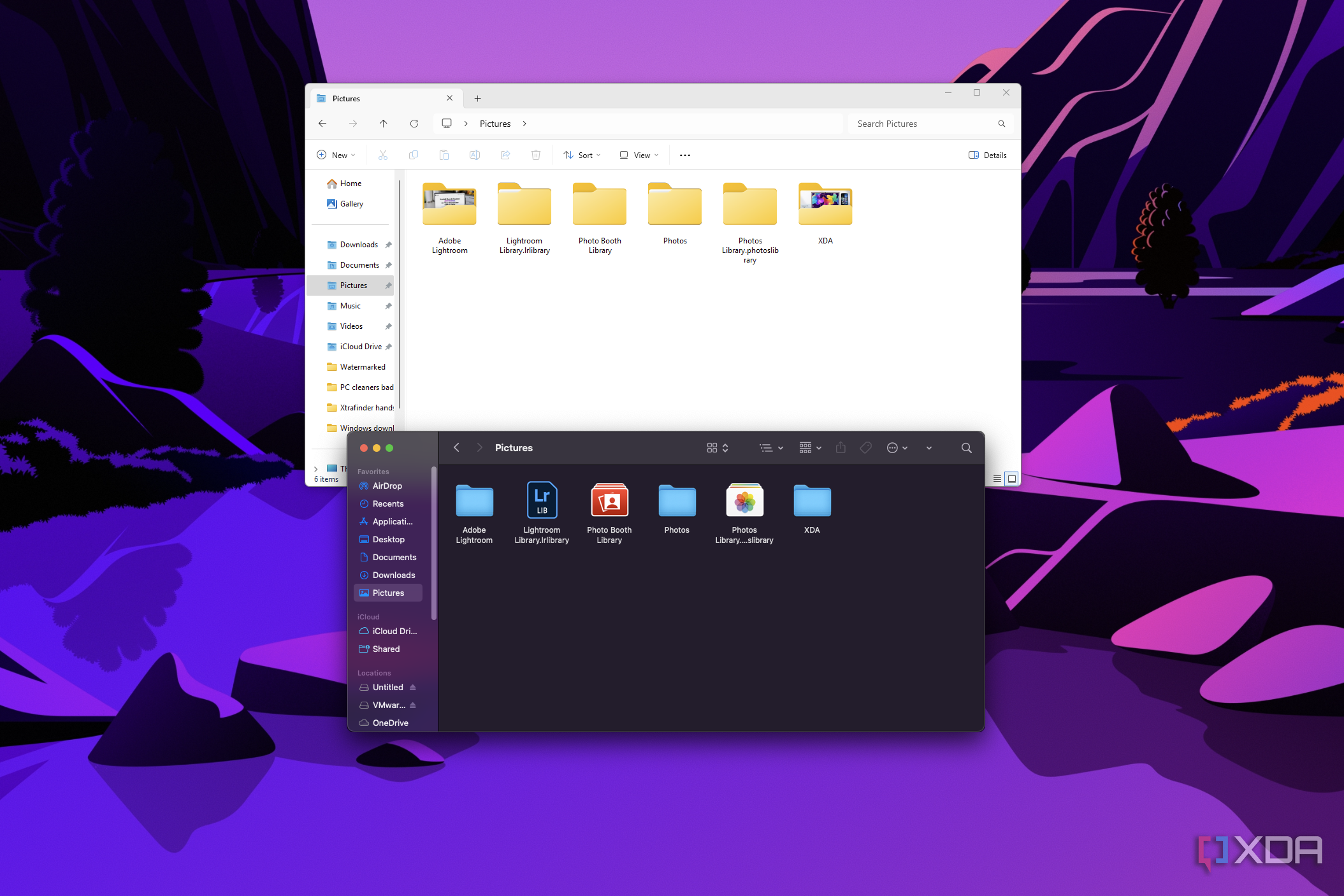 Screenshot of Finder and the Windows 11 File Explorer open on a macOS desktop