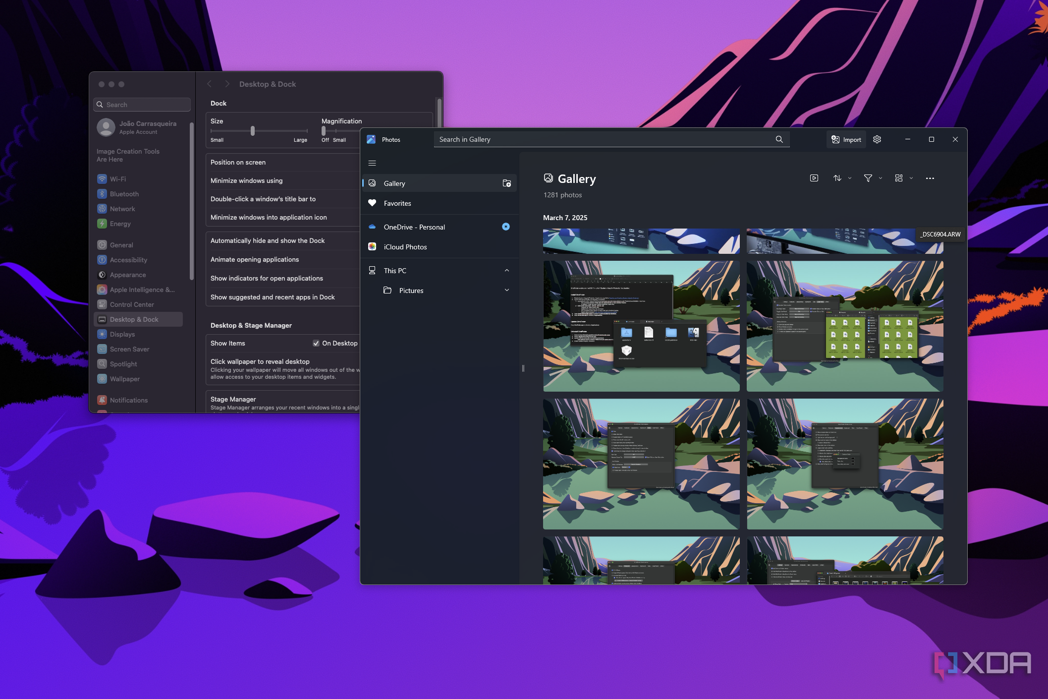 Screenshot of the Windows 11 Photos app open next to the macOS Settings app on a Mac