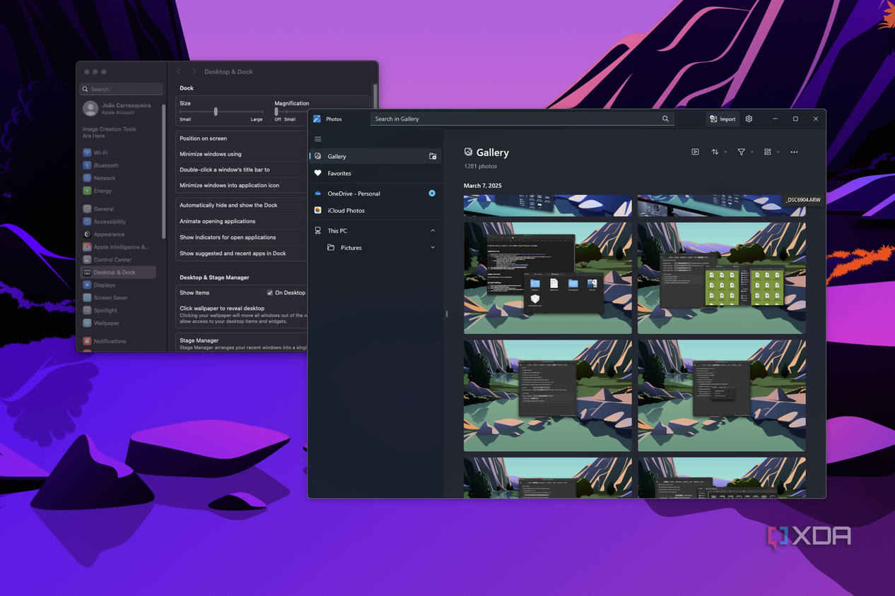 Screenshot of the Windows 11 Photos app open next to the macOS Settings app on a Mac
