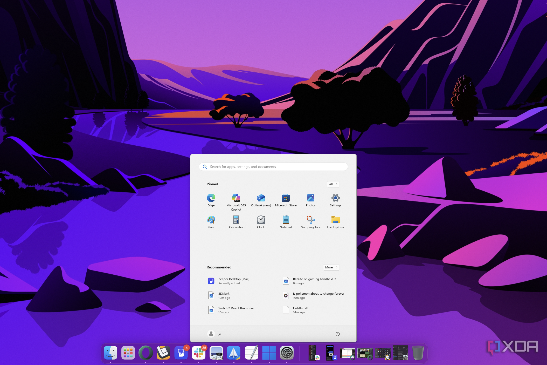 Screenshot of a macOS desktop showing the dock with a Windows 11 Start menu