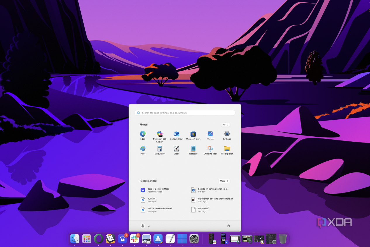 Screenshot of a macOS desktop showing the dock with a Windows 11 Start menu