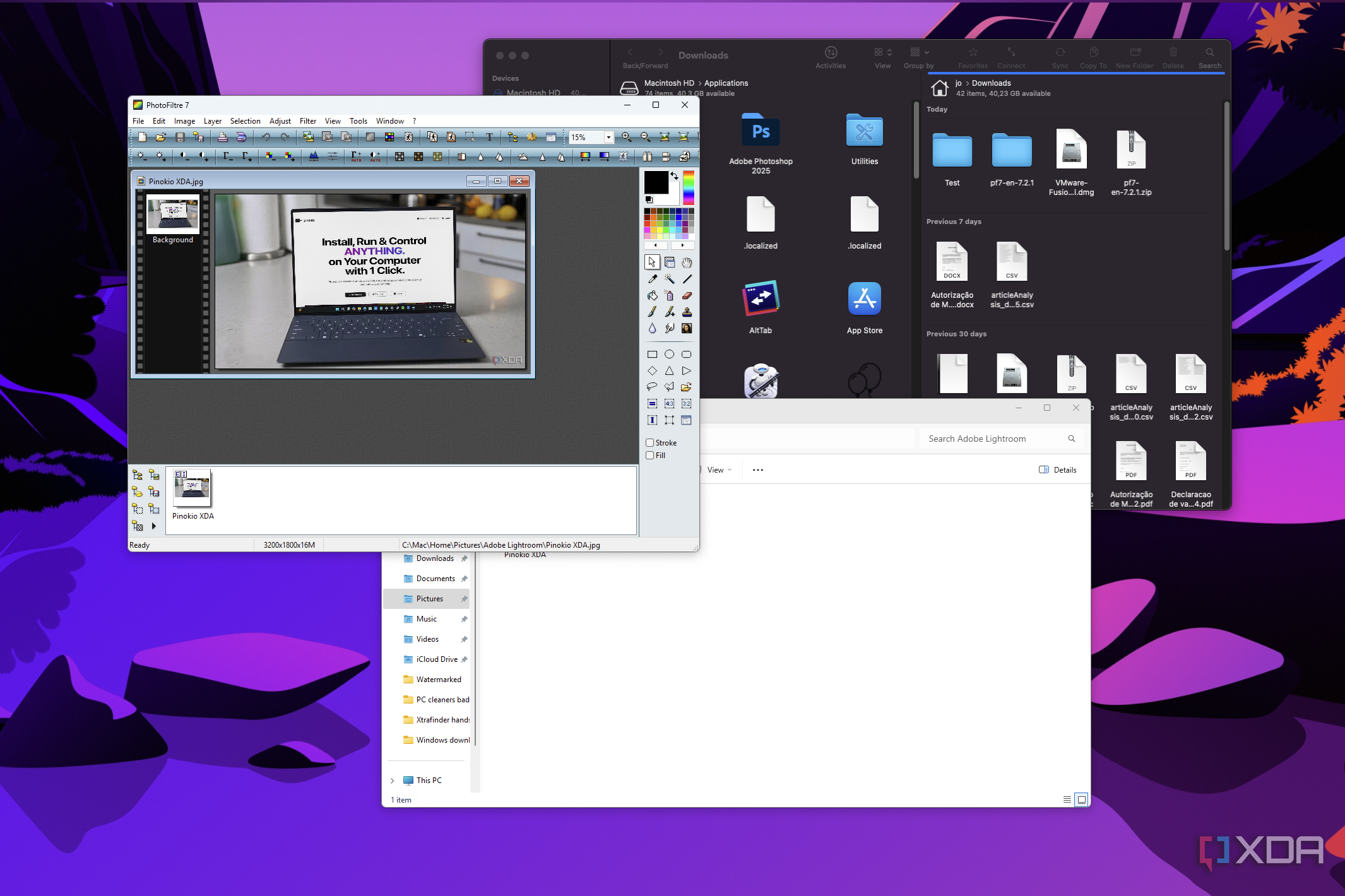 Screenshot of two Windows apps open next to Forklift for macOS on a Mac