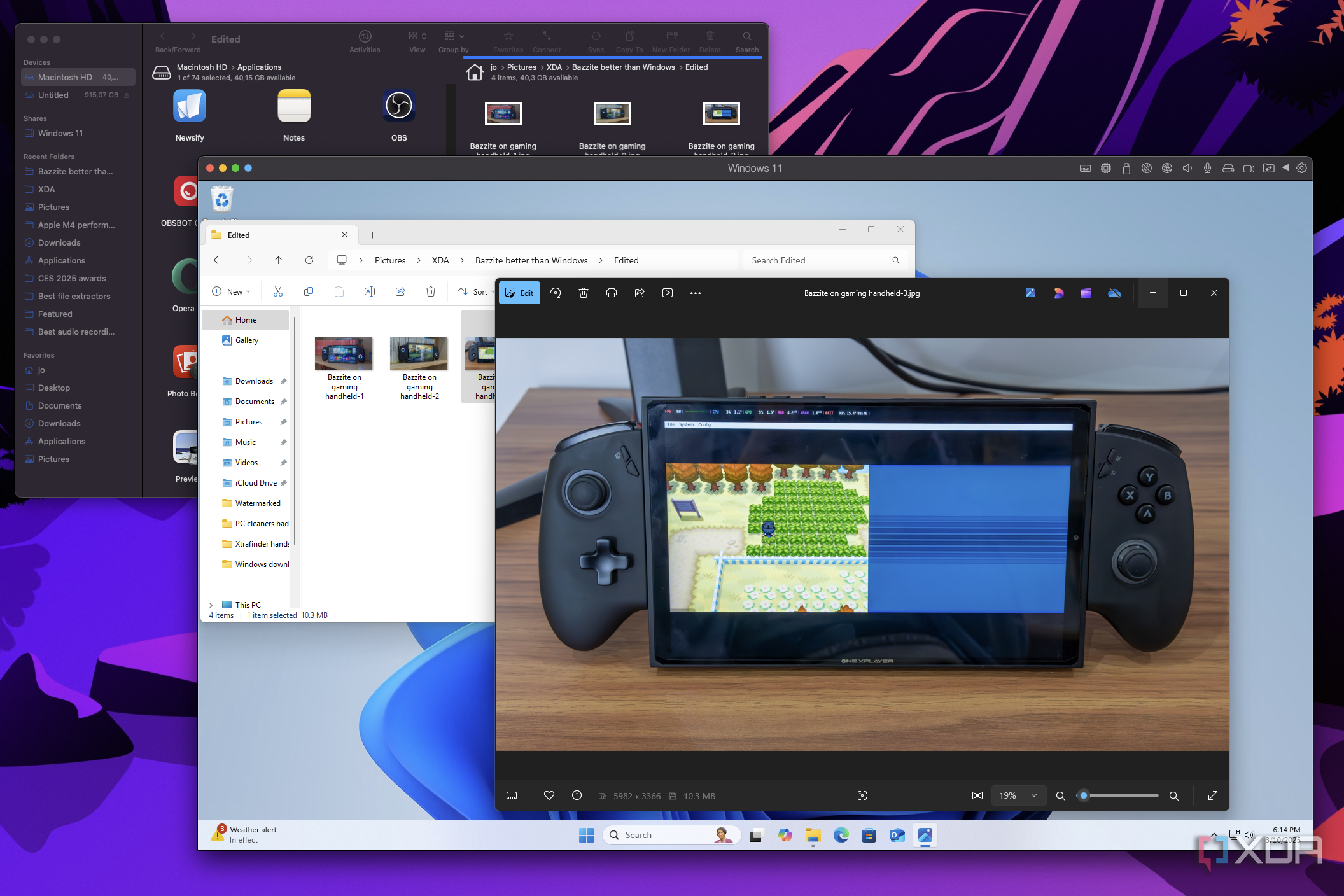 Screenshot of macOS running Windows 11 in a virtual machine. The Photos app is open in the VM alongside File Explorer showing the folder containing the file, and in macOS, ForkLift shows the same folder.