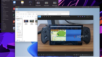 Screenshot of macOS running Windows 11 in a virtual machine. The Photos app is open in the VM alongside File Explorer showing the folder containing the file, and in macOS, ForkLift shows the same folder.