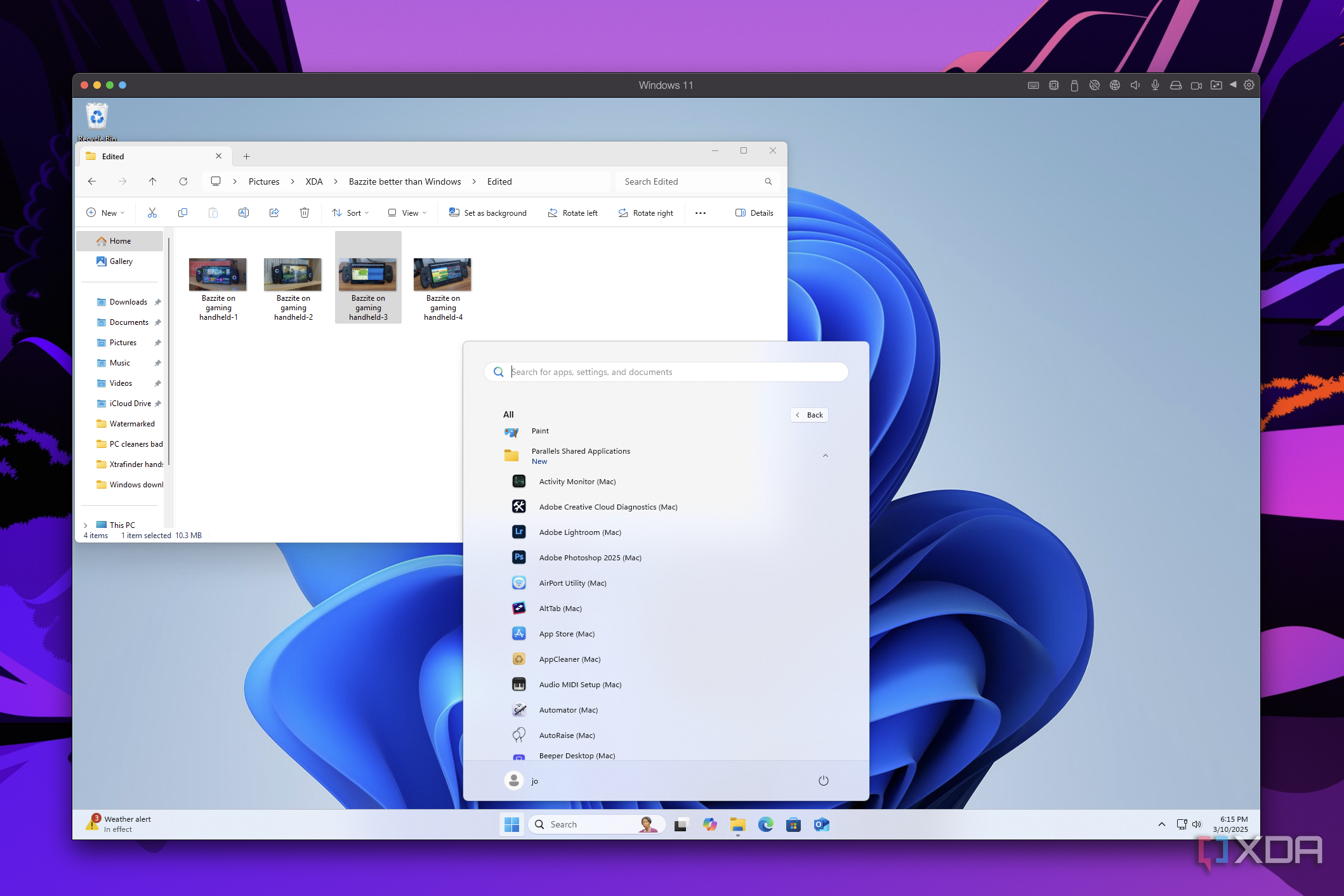 Screenshot of macOS showing a Windows 11 virtual machine with the Start menu open showing Mac apps