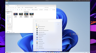 Screenshot of macOS showing a Windows 11 virtual machine with the Start menu open showing Mac apps