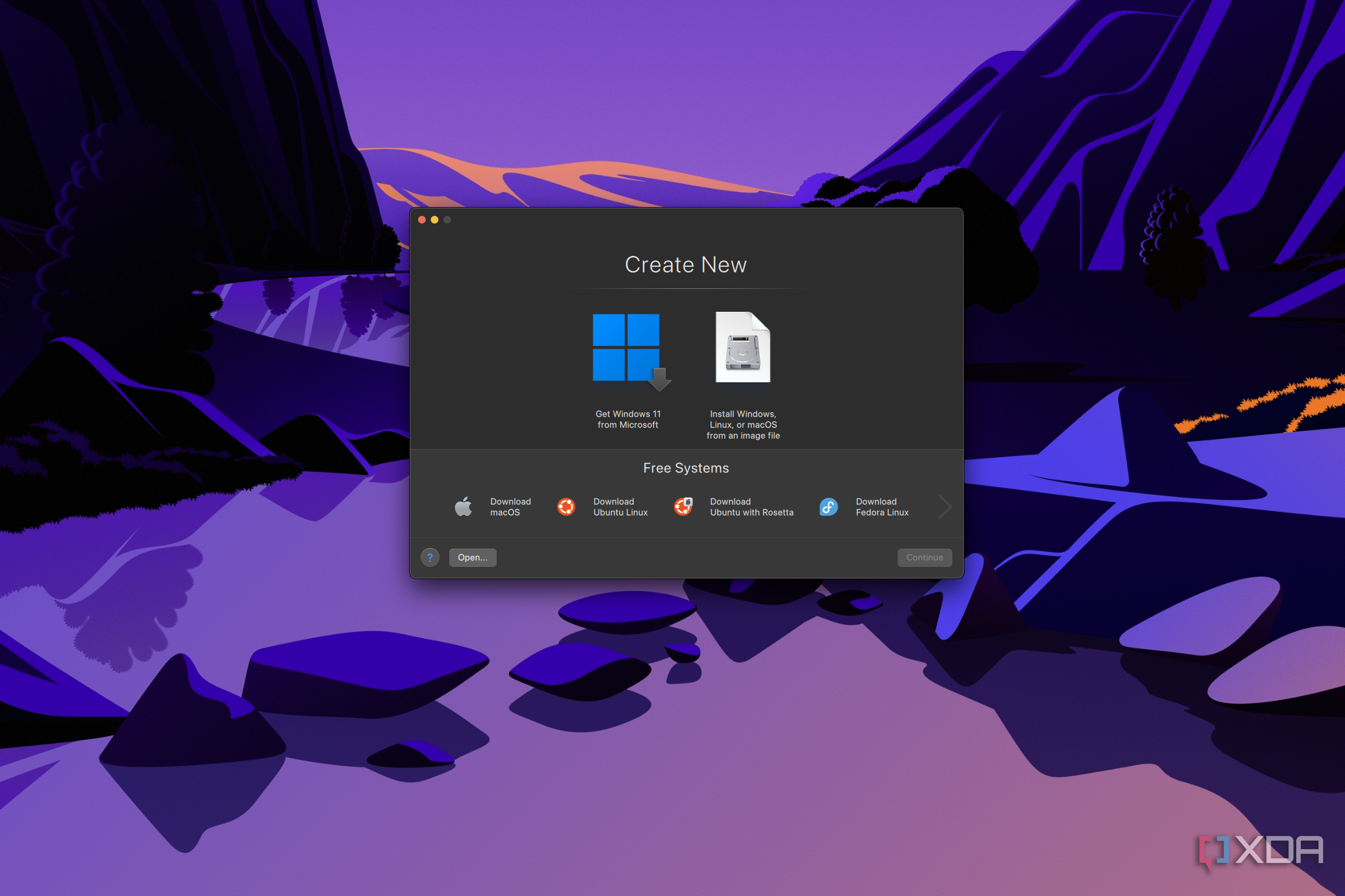 Screenshot of Parallels Desktop showing options for setting up a VM