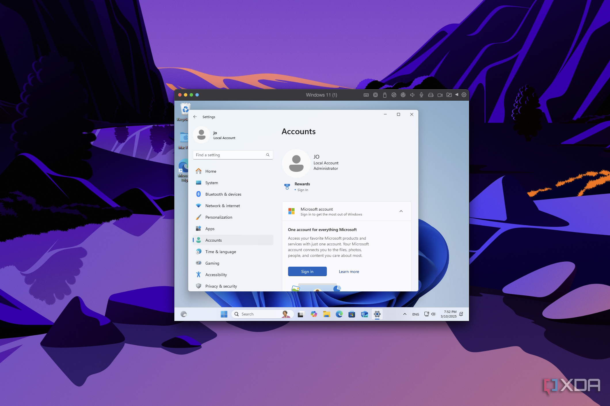 Screenshot of the Windows 11 Settings app in Parallels showing the user is signed in with a Microsoft account