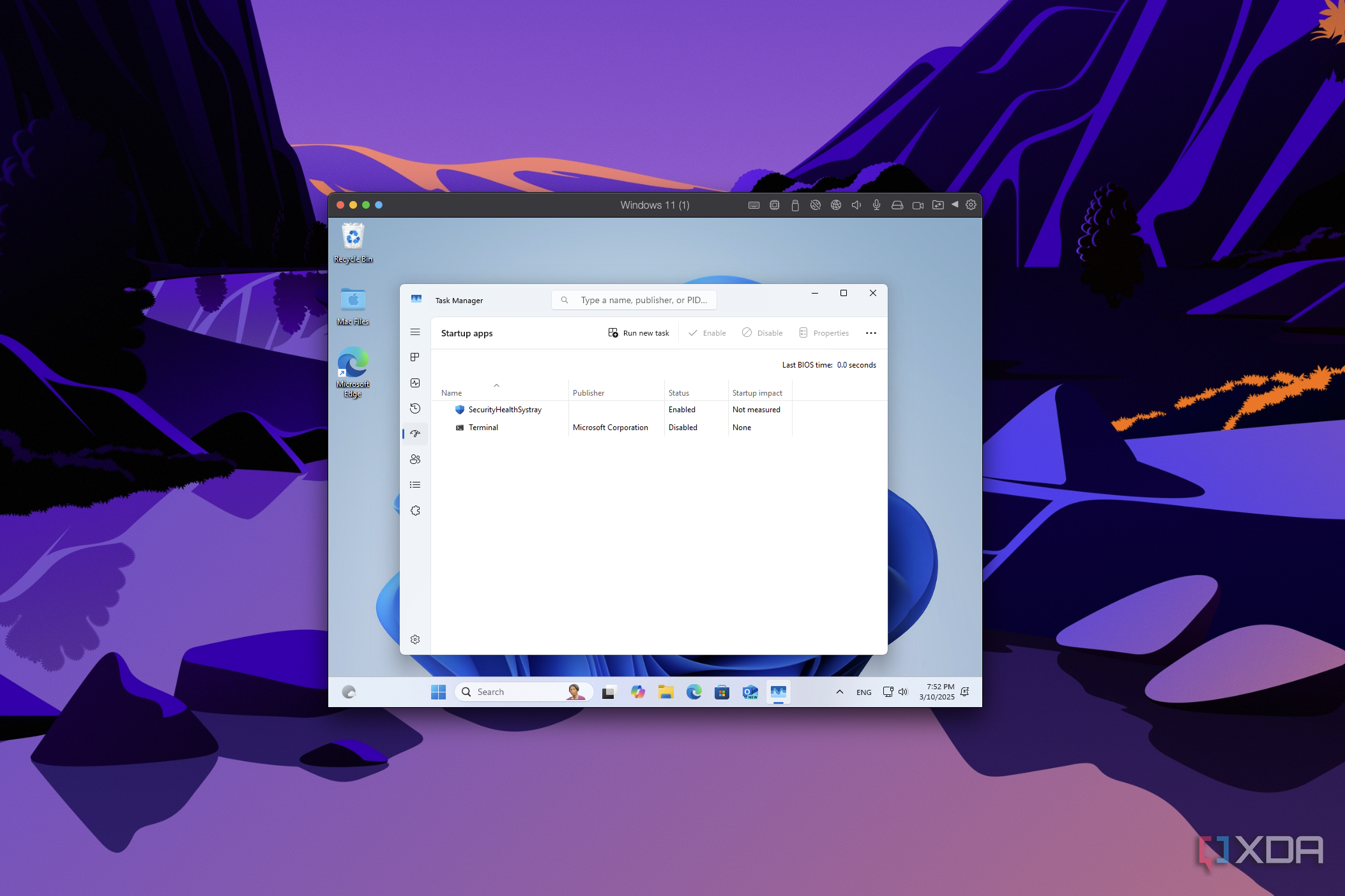 Screenshot of Parallels desktop showing the Windows 11 Task manager with almost no startup tasks created