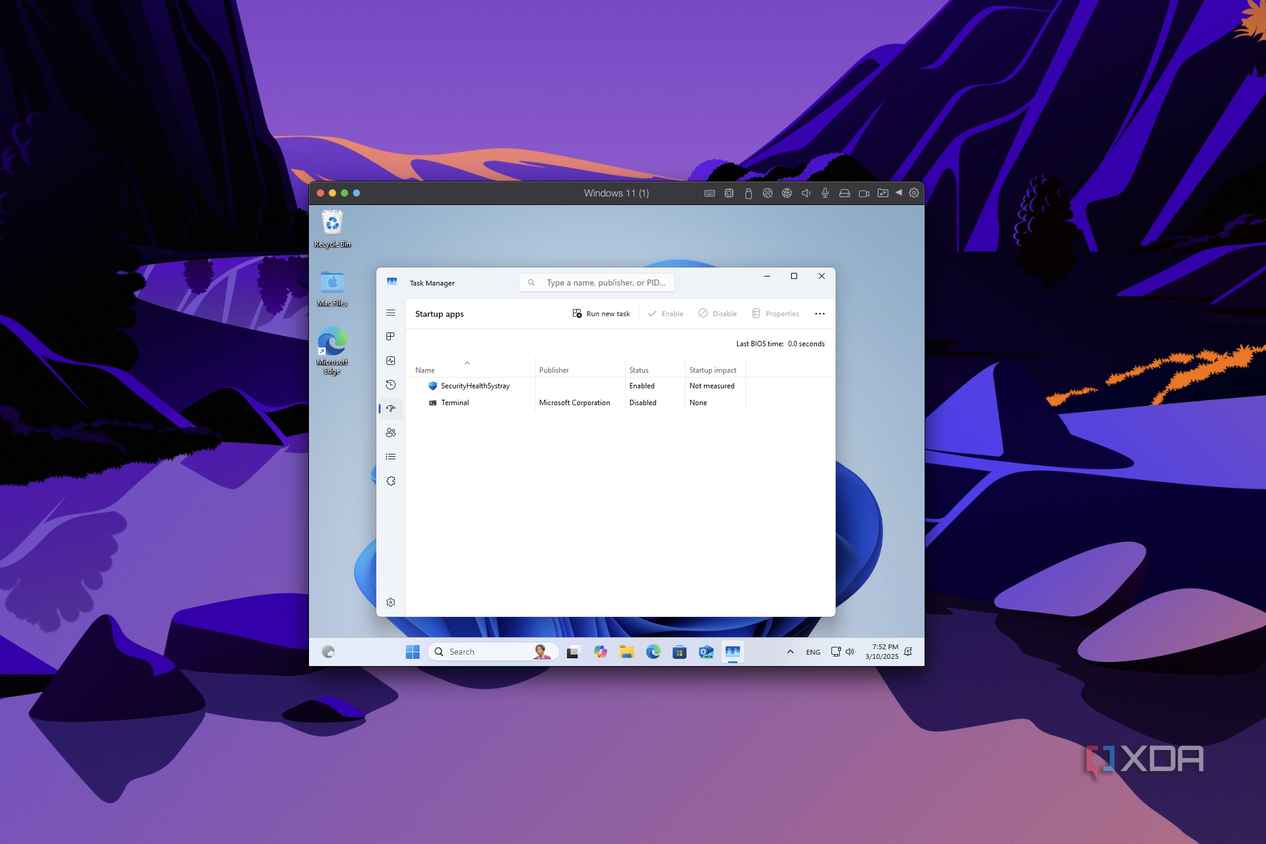 Screenshot of Parallels desktop showing the Windows 11 Task manager with almost no startup tasks created